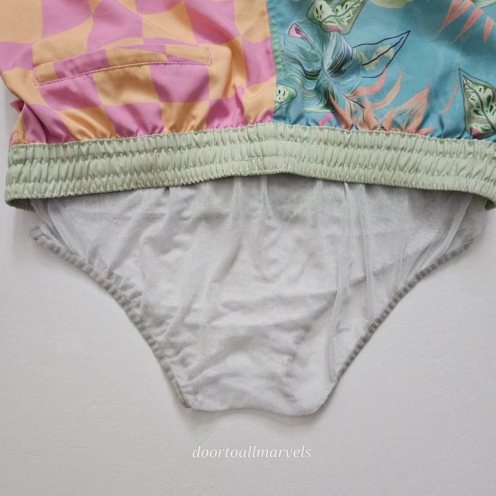Duvin Design Co Men Swim Trunks sz L Split Checkerboard Tropical Floral Shorts